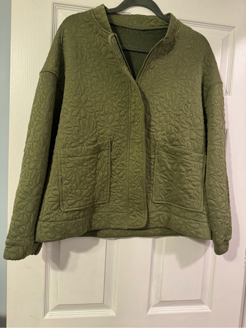 Olive Quilted Teddy Jacket with Floral Stitching